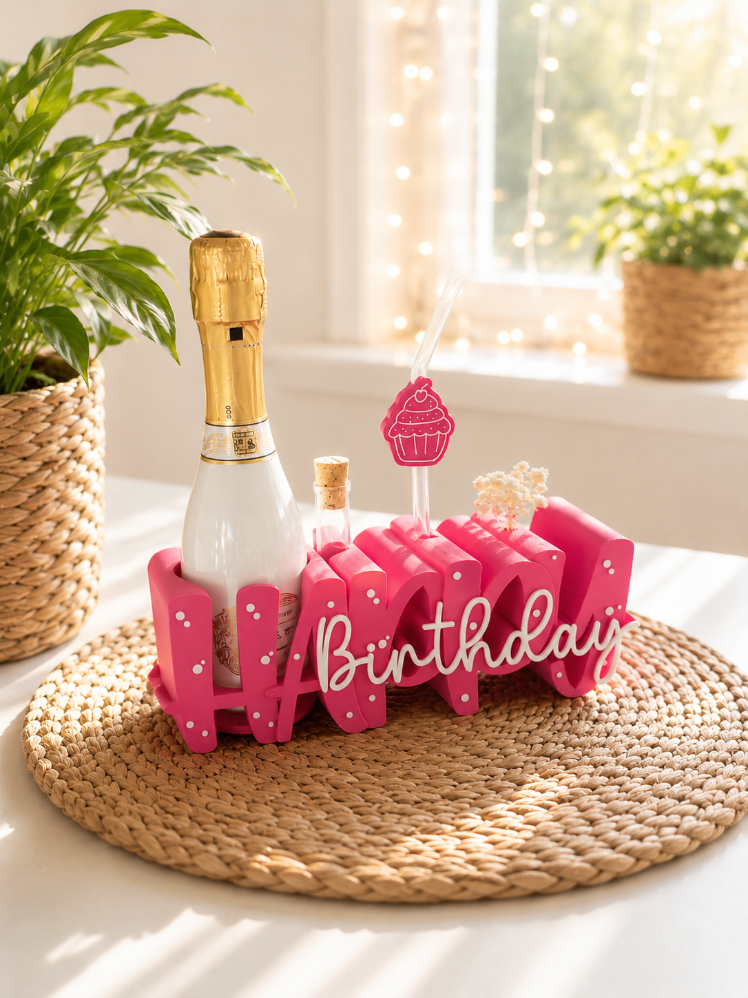 Happy Birthday Flaschenhalter mit Glasstrohhalm & Cupcake-Topper – Geburtstagsdeko für Sekt, Prosecco & kleine Überraschungen