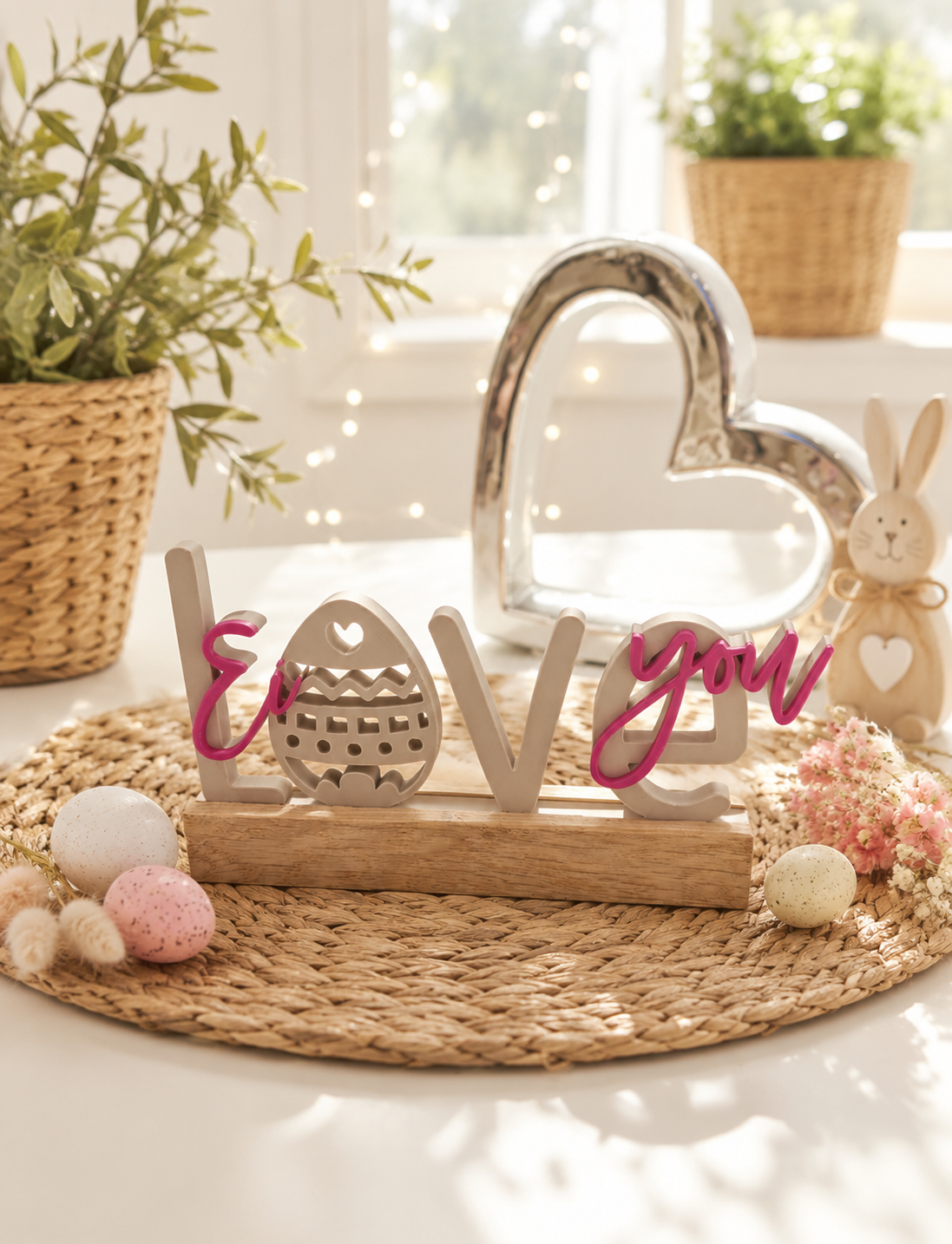 Ei love you – zauberhafter 3D-Schriftzug mit Hasenohren & Eichenholz-Sockel