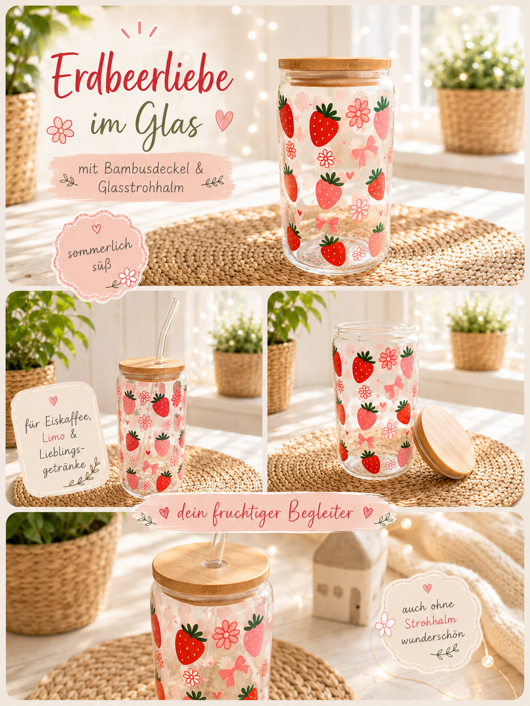Sommerglas mit Bambusdeckel & Glasstrohhalm – Erdbeerliebe