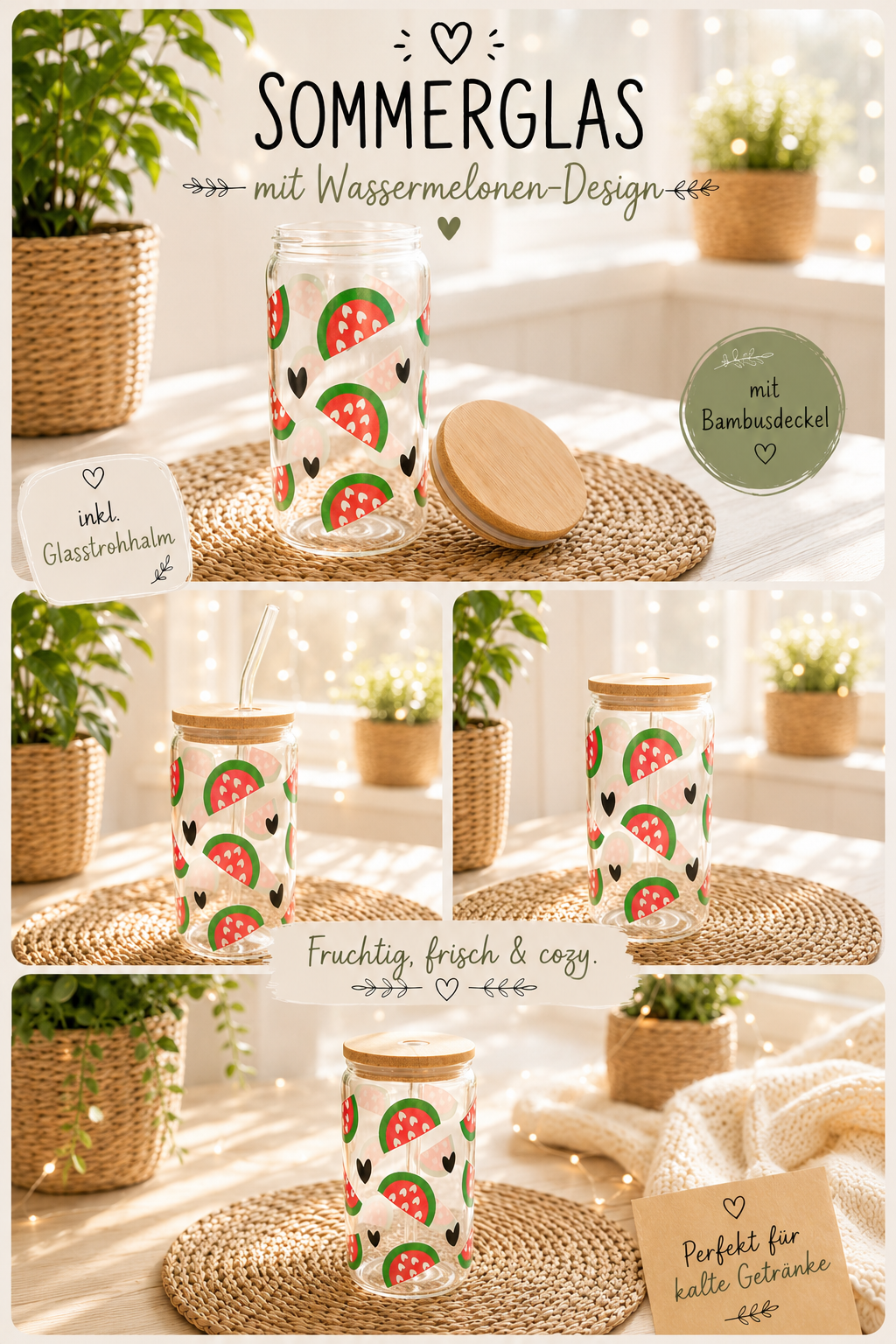 Sommerglas mit Bambusdeckel & Glasstrohhalm – Wassermelonenliebe