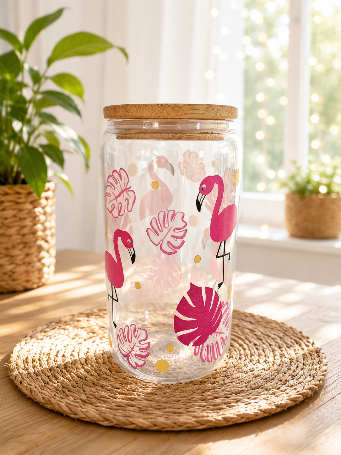 Sommerglas mit Bambusdeckel & Glasstrohhalm – Flamingo Vibes