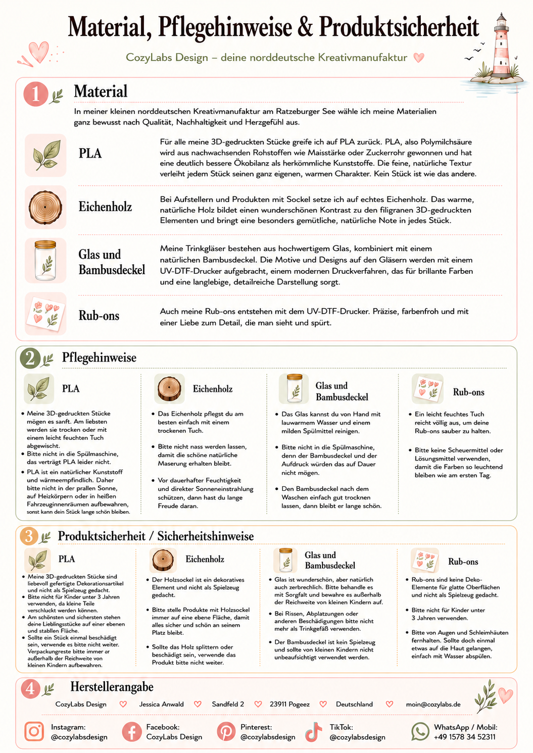 Material, Pflegehinweise und Produktsicherheit von CozyLabs Design
