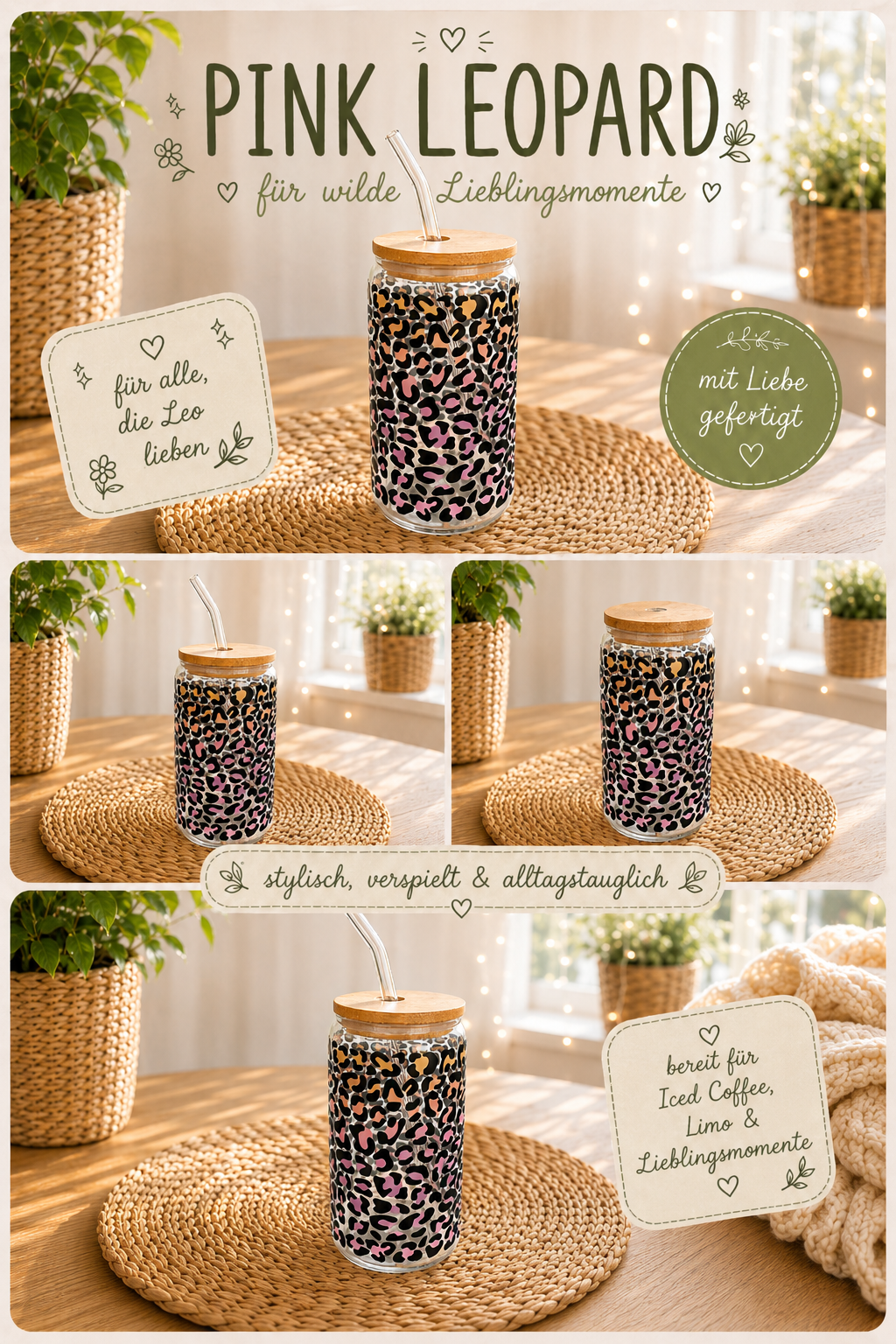 Sommerglas mit Bambusdeckel & Glasstrohhalm – „Pink Leopard“
