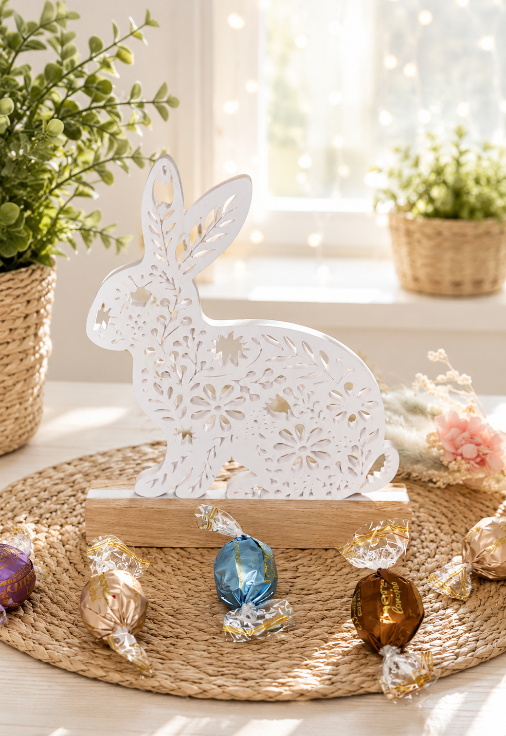 Dekorativer Osterhase mit Holzsockel als Frühlingsdeko von CozyLabs Design