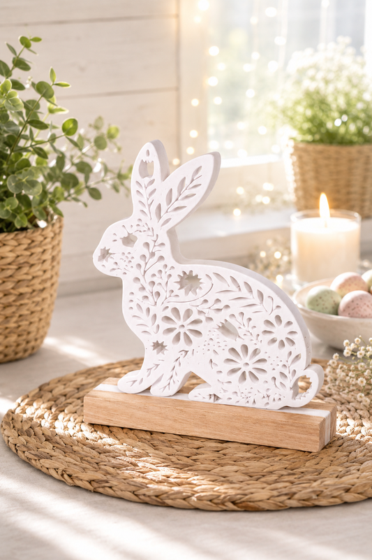 Dekorativer Osterhase mit Holzsockel aus Eiche von CozyLabs Design