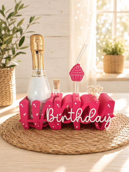 Happy Birthday Flaschenhalter mit Glasstrohhalm & Cupcake-Topper – Geburtstagsdeko für Sekt, Prosecco & kleine Überraschungen