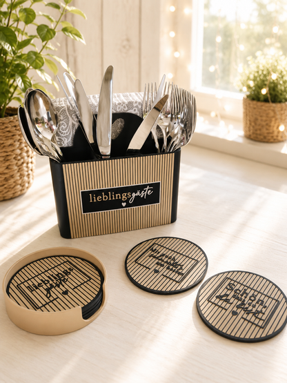 Panel Untersetzer Set mit Halter – 6 runde Getränkeuntersetzer für Tisch & Küche