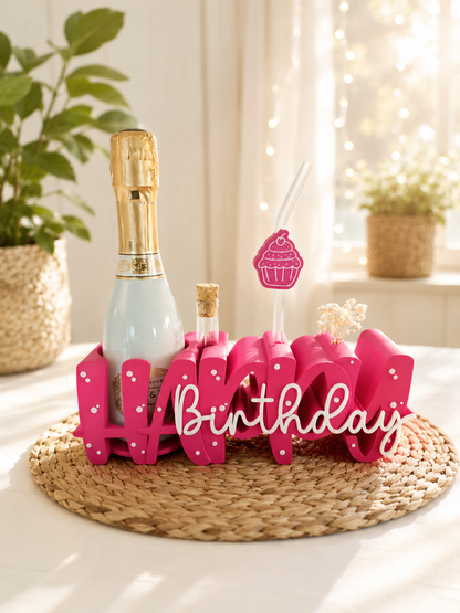 Happy Birthday Flaschenhalter mit Glasstrohhalm & Cupcake-Topper – Geburtstagsdeko für Sekt, Prosecco & kleine Überraschungen