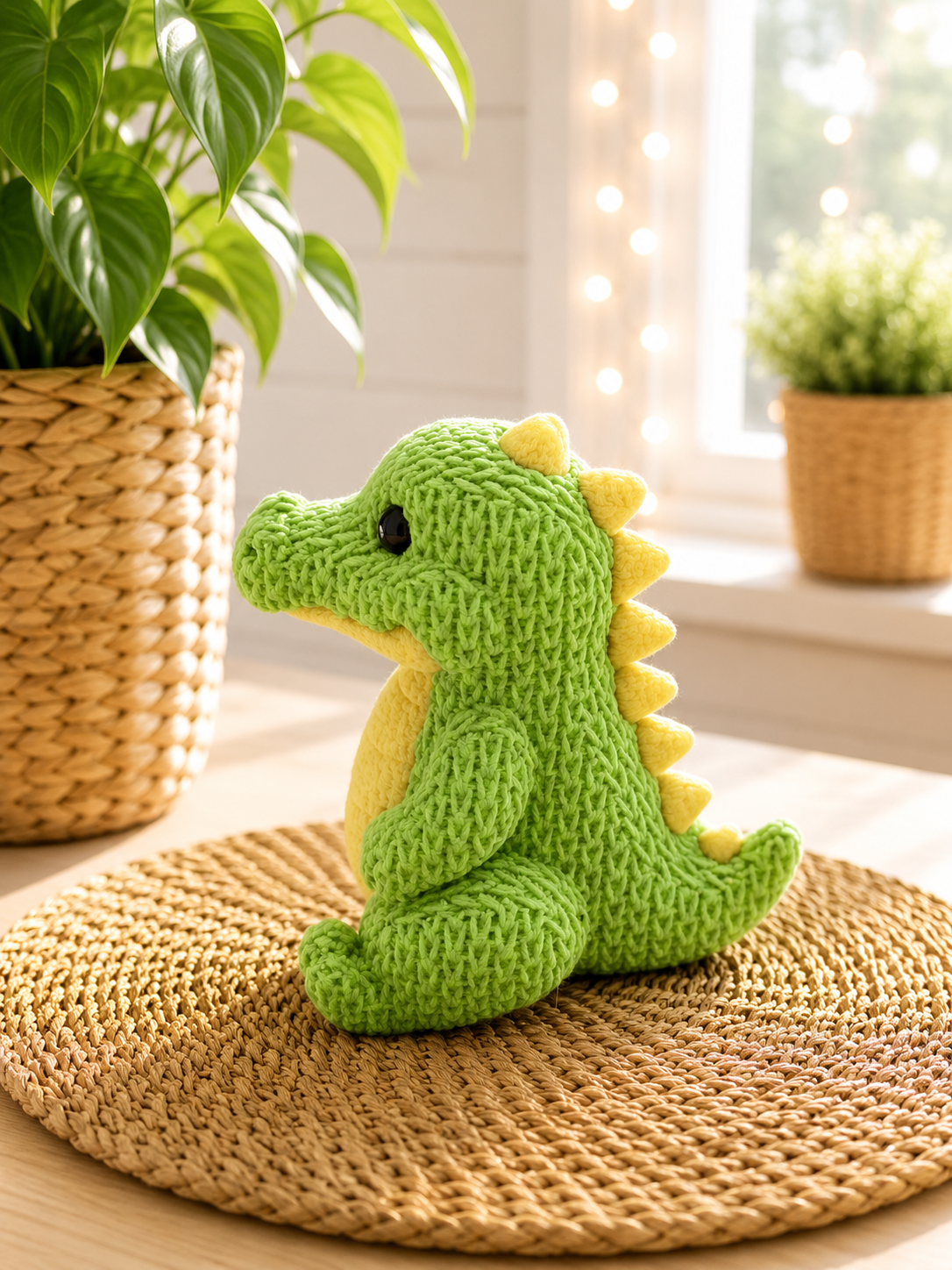 Dino in Strickoptik von CozyLabs Design, kleine Dekofigur in leuchtenden Farben mit gestrickter Optik
