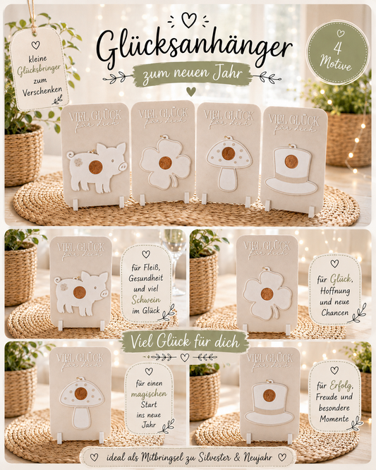 Glücksbringer zum neuen Jahr – kleines Mitbringsel mit Kleeblatt, Glückspilz, Schweinchen oder Zylinder von CozyLabs Design