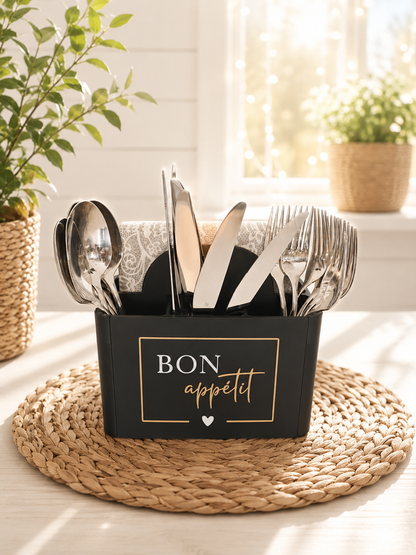 Besteckkasten mit Herzgriff – Besteckhalter mit Wunschfront für Küche, Tisch & Grillabend