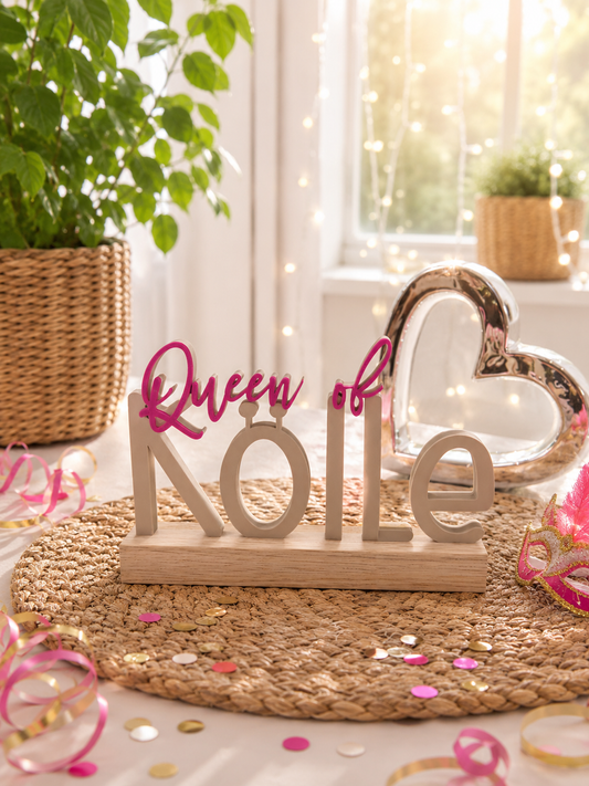 Queen of Kölle – närrischer 3D-Schriftzug mit Eichenholz-Sockel