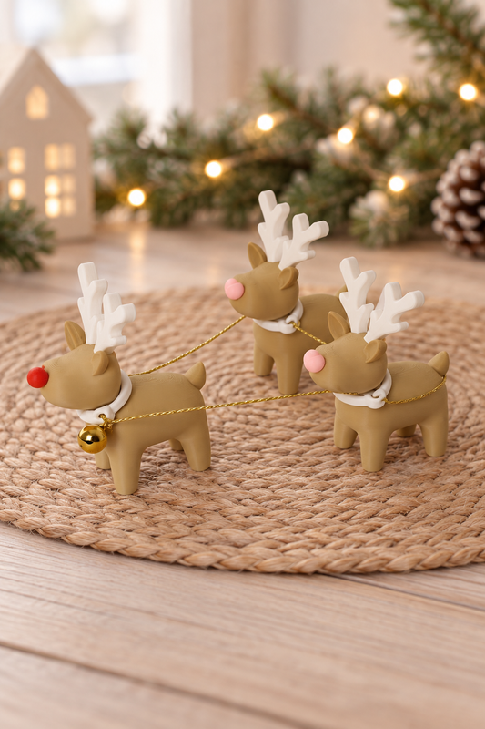 Weihnachtsschlitten mit 3 Rentieren – Rudolf mit roter Nase