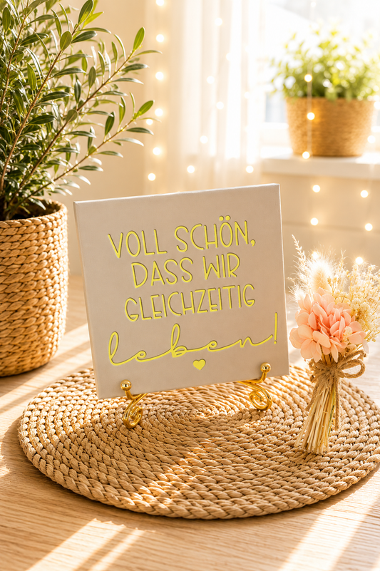 Sprüchekachel „Voll schön, dass wir gleichzeitig leben“ von CozyLabs Design