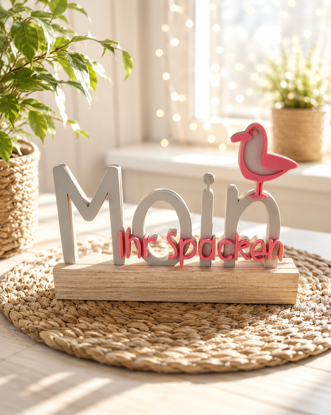 Moin, ihr Spacken - norddeutsche Liebeserklärung als 3D-Schriftzug mit Eichenholz-Sockel