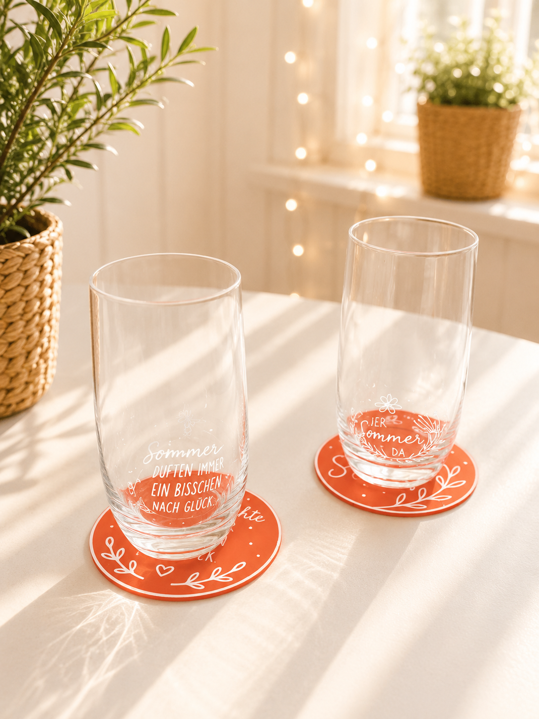 Sommer Untersetzer Set – 6 runde Getränkeuntersetzer mit sommerlichen Sprüchen