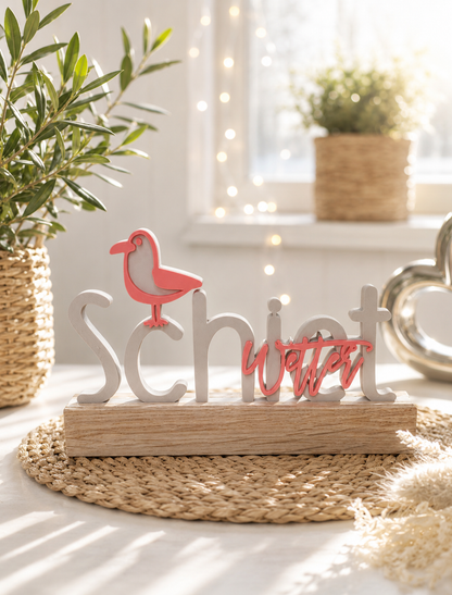 Schietwetter - norddeutsche Liebeserklärung als 3D-Schriftzug mit Eichenholz-Sockel