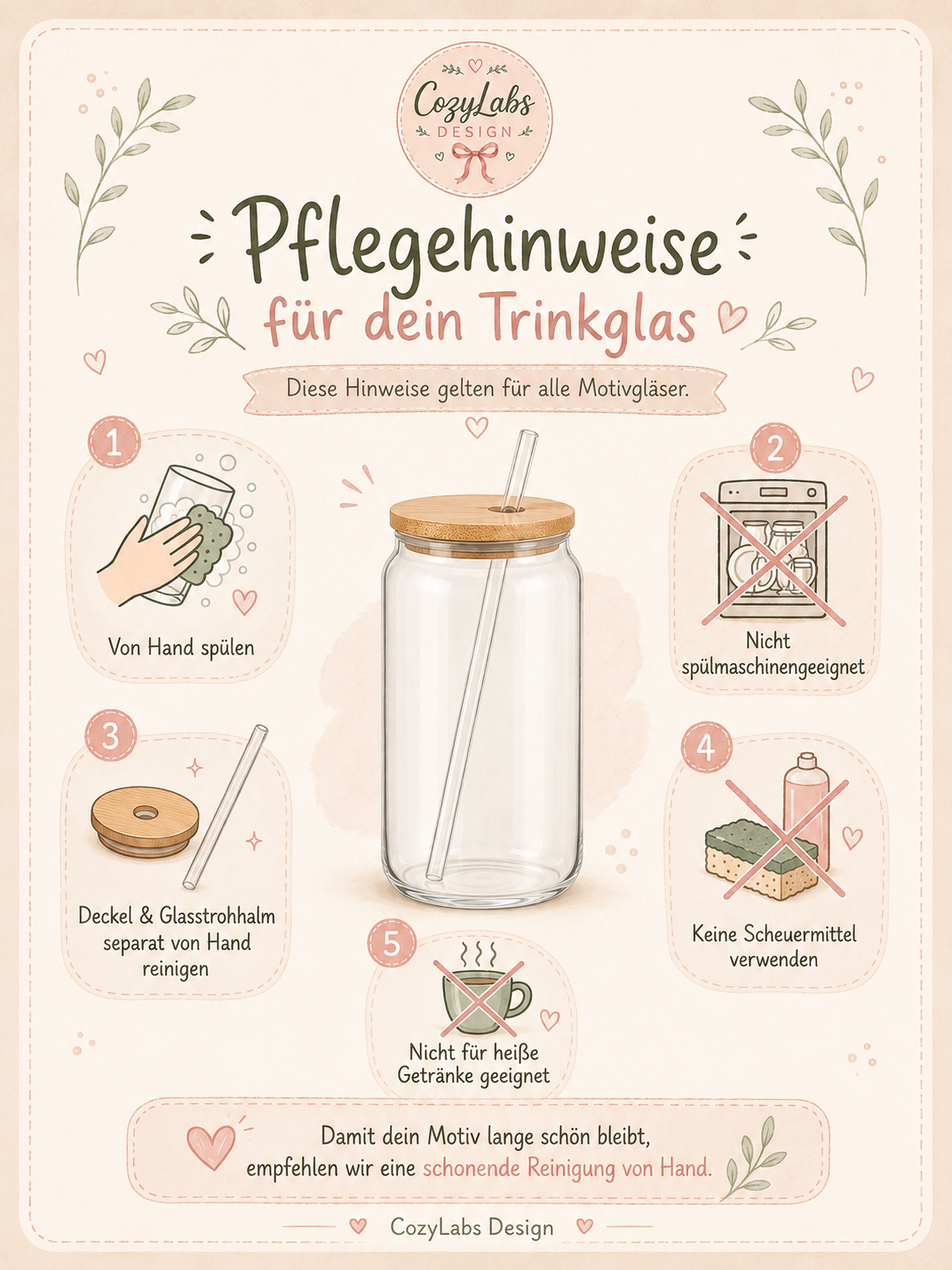 Pflegehinweise für dein Trinkglas von CozyLabs Design