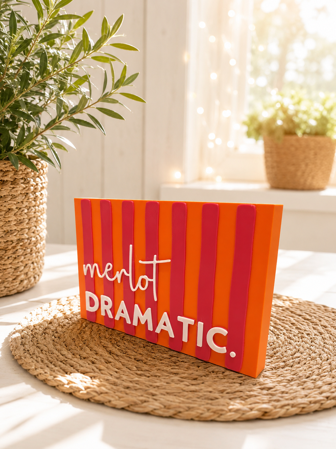 Freche Streifen (breite Version) – kleiner Deko-Aufsteller mit Spruch "Merlot Dramatic"