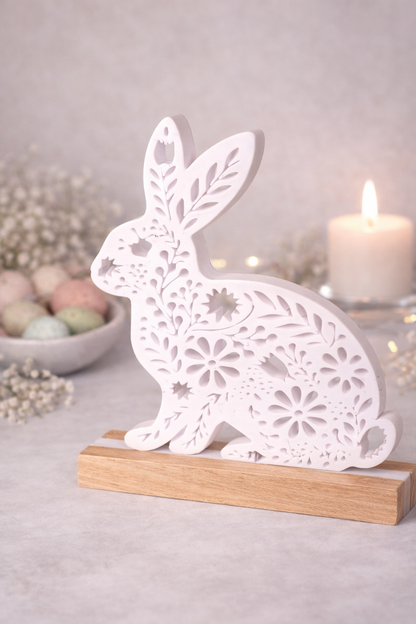 Dekorativer Osterhase mit Holzsockel – moderne Osterdeko aus Eiche & filigranem Hasenmotiv | Frühlingsdekoration