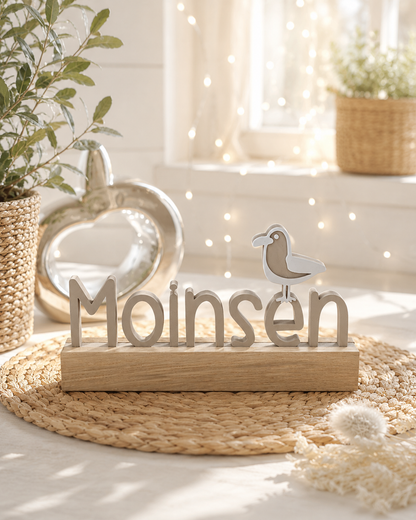 Moinsen - norddeutsche Liebeserklärung als 3D-Schriftzug mit Eichenholz-Sockel
