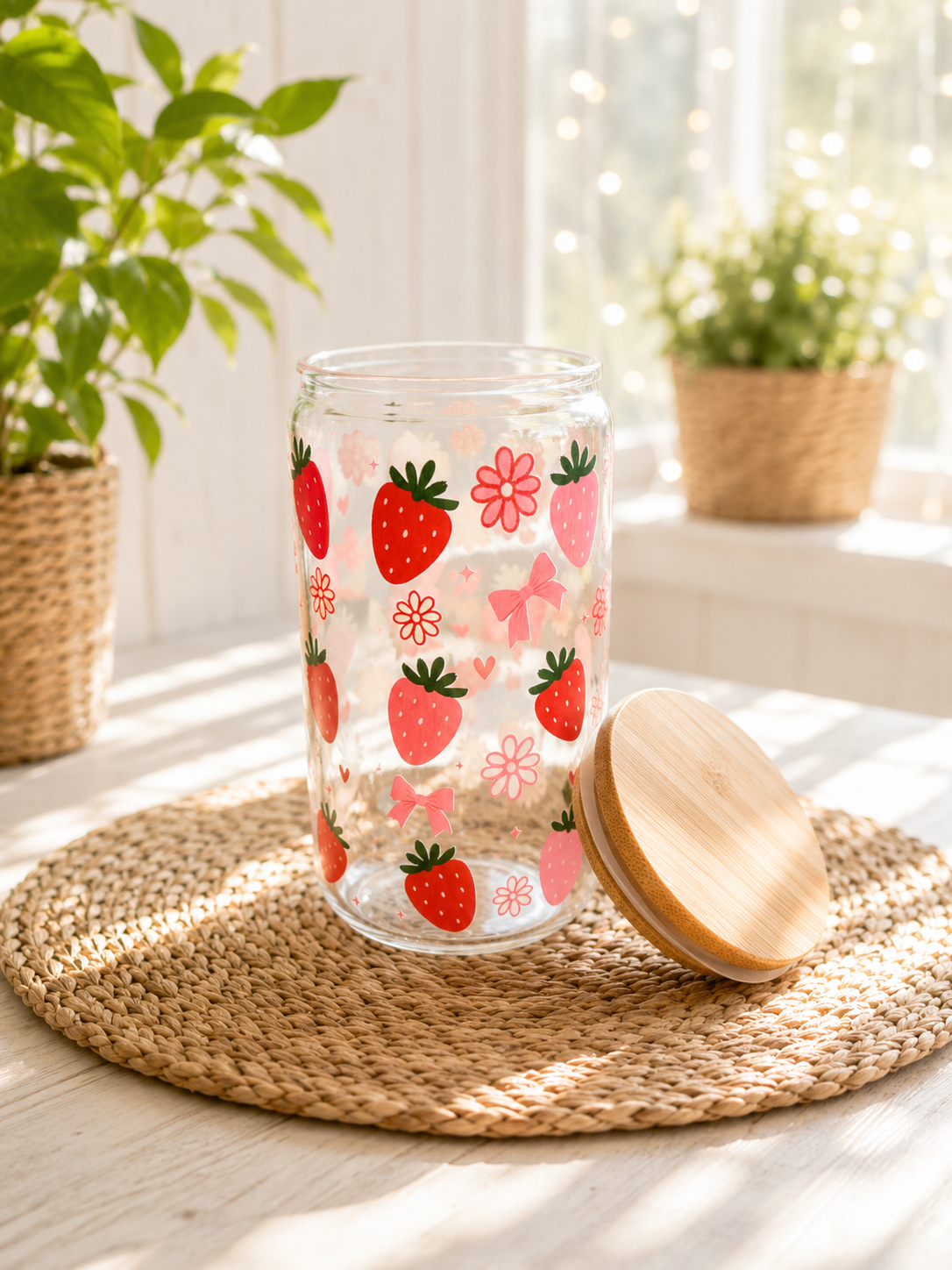 Sommerglas mit Bambusdeckel & Glasstrohhalm – Erdbeerliebe