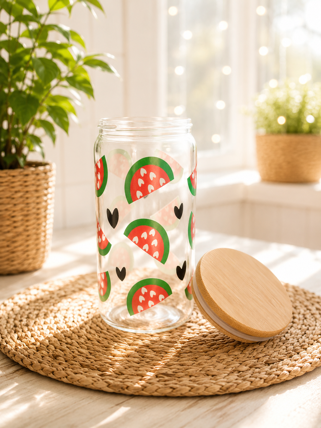 Sommerglas mit Bambusdeckel & Glasstrohhalm – Wassermelonenliebe