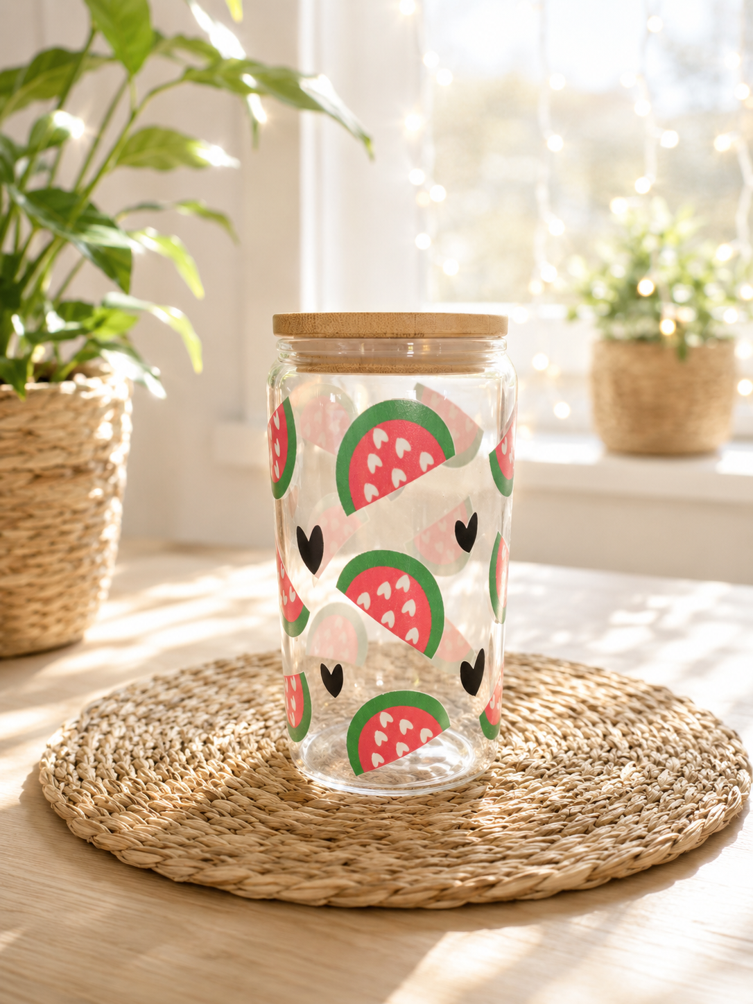Sommerglas mit Bambusdeckel & Glasstrohhalm – Wassermelonenliebe