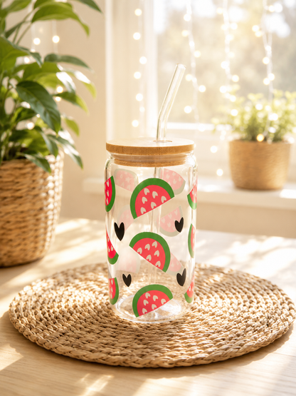 Sommerglas mit Bambusdeckel & Glasstrohhalm – Wassermelonenliebe