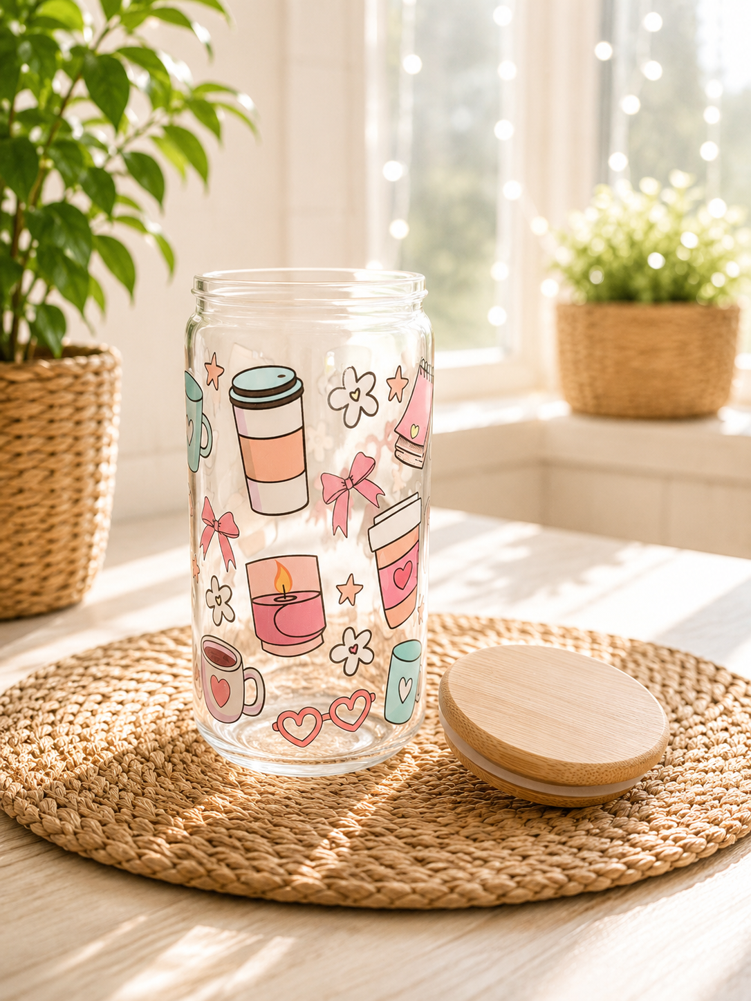 Sommerglas mit Bambusdeckel & Glasstrohhalm – Coffee & Cozy