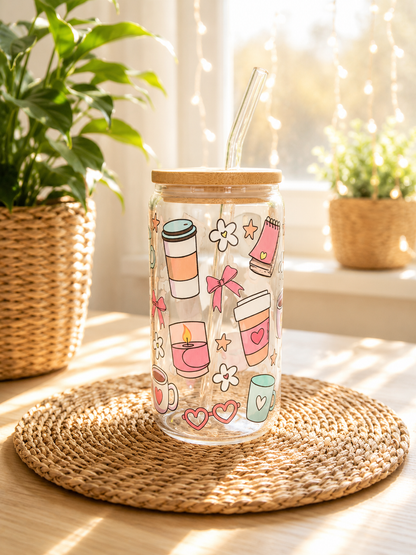 Sommerglas mit Bambusdeckel & Glasstrohhalm – Coffee & Cozy
