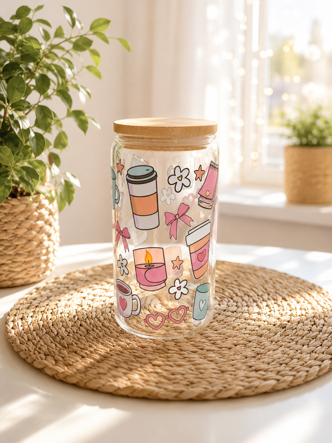 Sommerglas mit Bambusdeckel & Glasstrohhalm – Coffee & Cozy