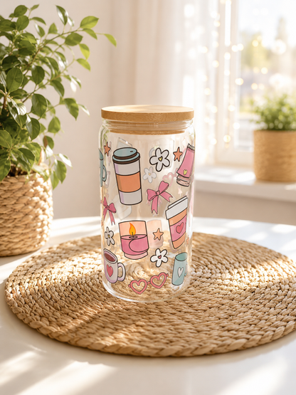 Sommerglas mit Bambusdeckel & Glasstrohhalm – Coffee & Cozy