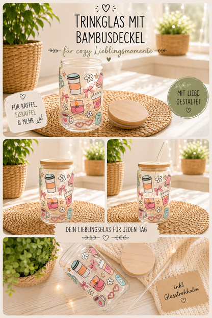 Sommerglas mit Bambusdeckel & Glasstrohhalm – Coffee & Cozy