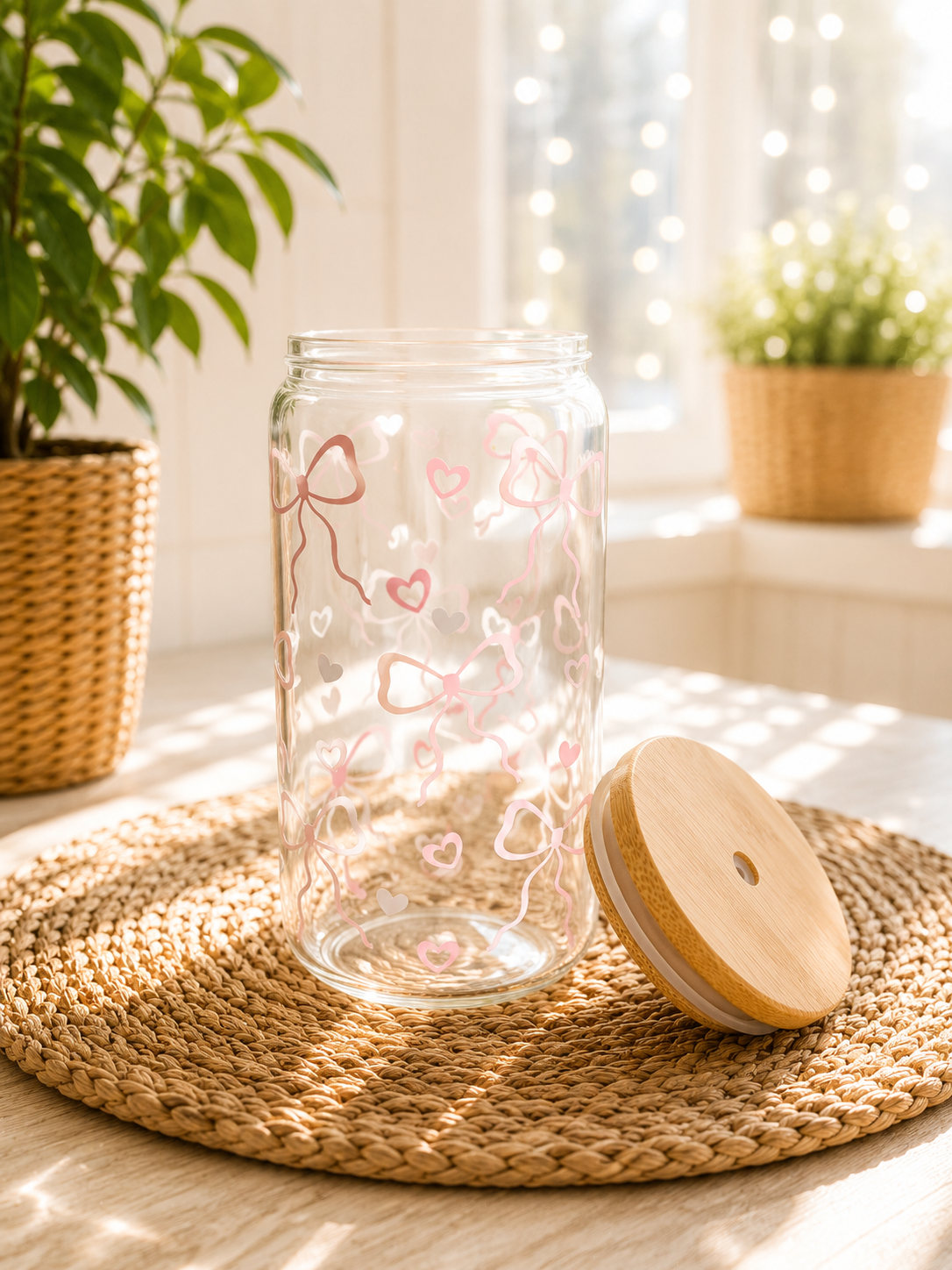 Sommerglas mit Bambusdeckel & Glasstrohhalm – Schleifenliebe