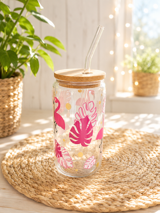 Sommerglas mit Bambusdeckel & Glasstrohhalm – Flamingo Vibes