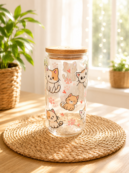 Sommerglas mit Bambusdeckel & Glasstrohhalm – Katzenliebe