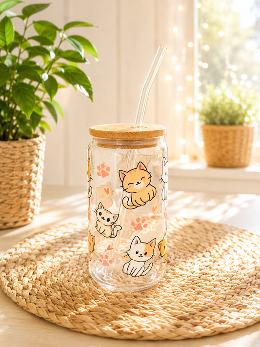 Sommerglas mit Bambusdeckel & Glasstrohhalm – Katzenliebe