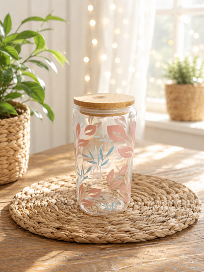 Sommerglas mit Bambusdeckel & Glasstrohhalm – Botanical Blush