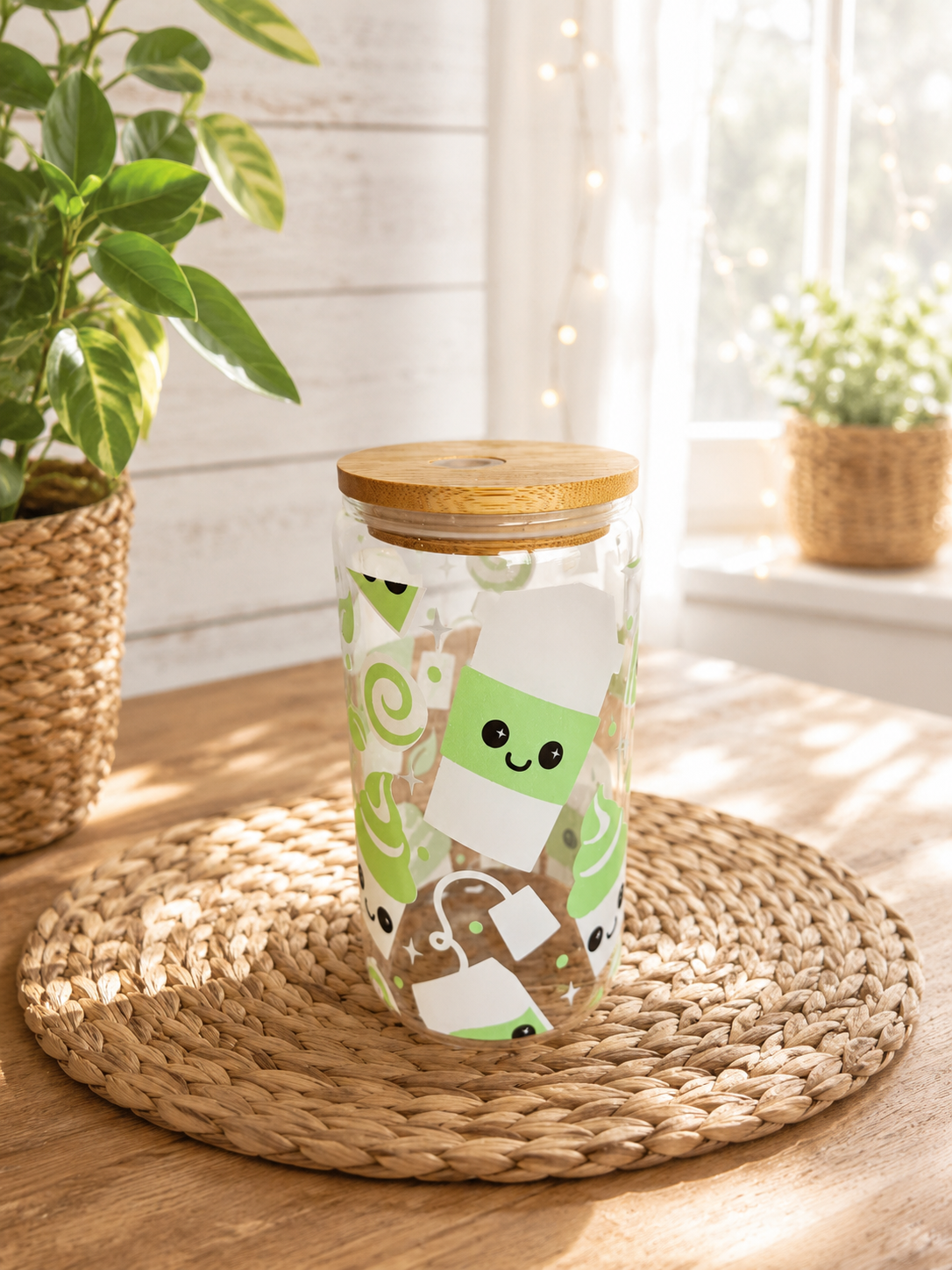 Sommerglas mit Bambusdeckel & Glasstrohhalm – Matcha Love