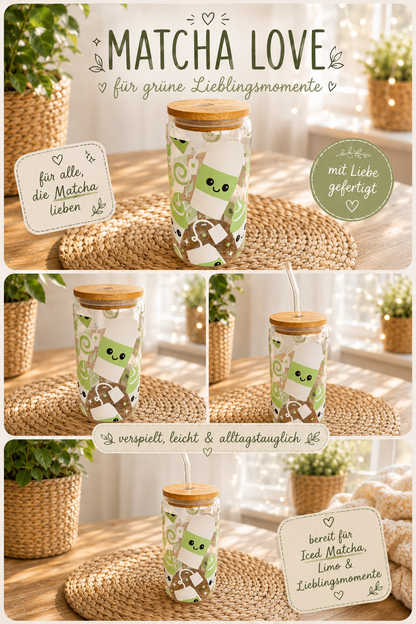 Sommerglas mit Bambusdeckel & Glasstrohhalm – Matcha Love