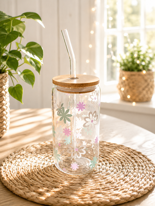 Sommerglas mit Bambusdeckel & Glasstrohhalm – Flower Love von CozyLabs Design