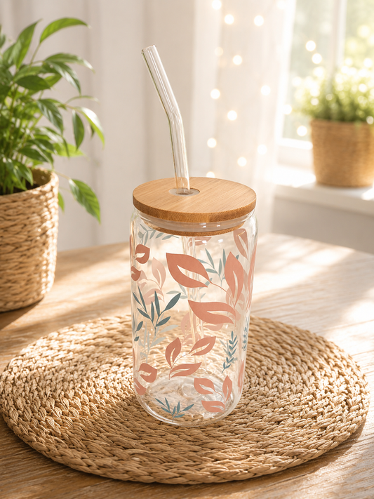 Sommerglas mit Bambusdeckel & Glasstrohhalm – Botanical Blush von CozyLabs Design