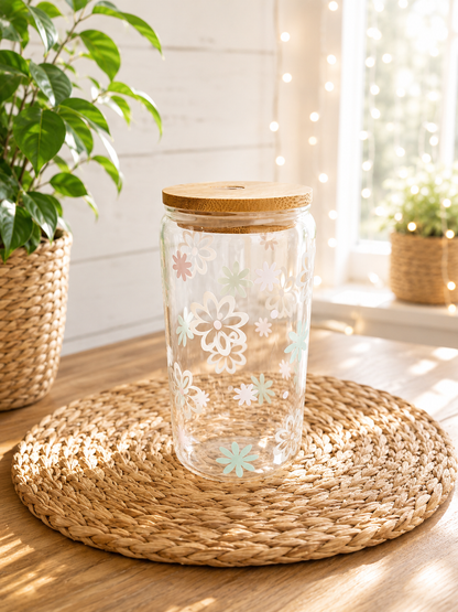 Sommerglas mit Bambusdeckel & Glasstrohhalm – Flower Love