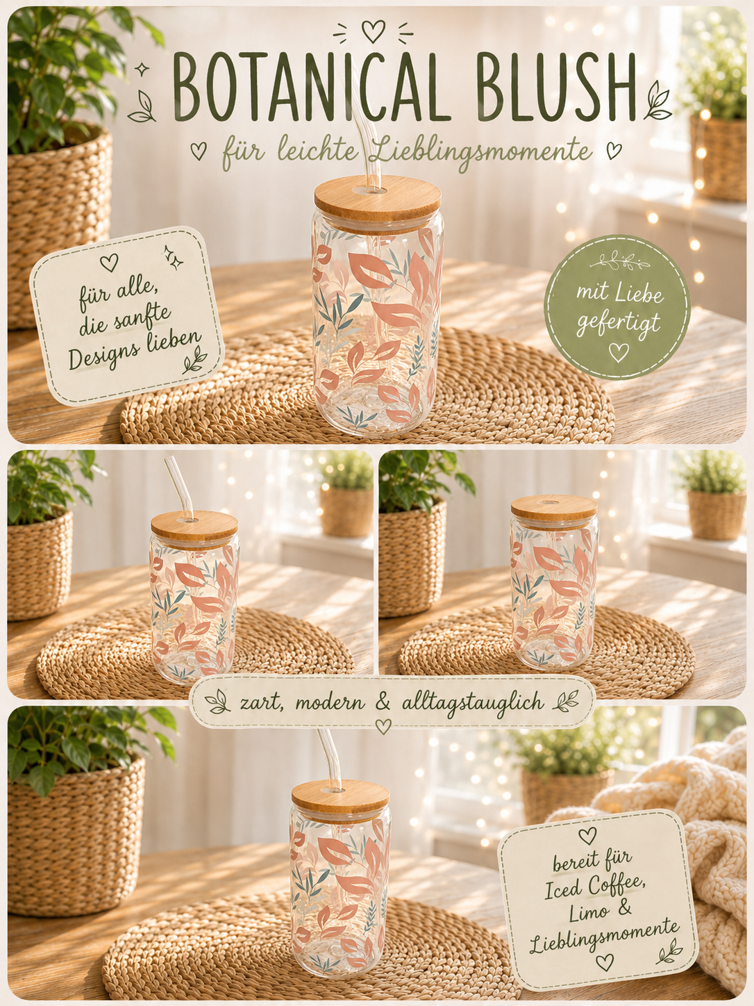 Sommerglas mit Bambusdeckel & Glasstrohhalm – Botanical Blush