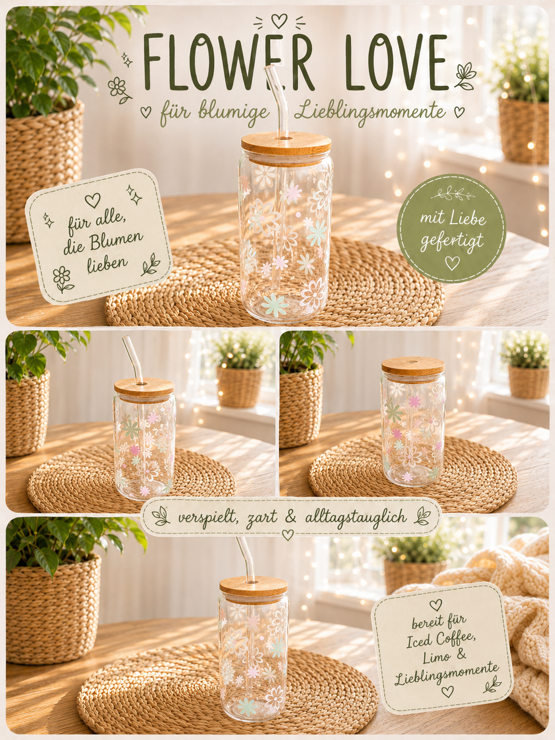 Sommerglas mit Bambusdeckel & Glasstrohhalm – Flower Love