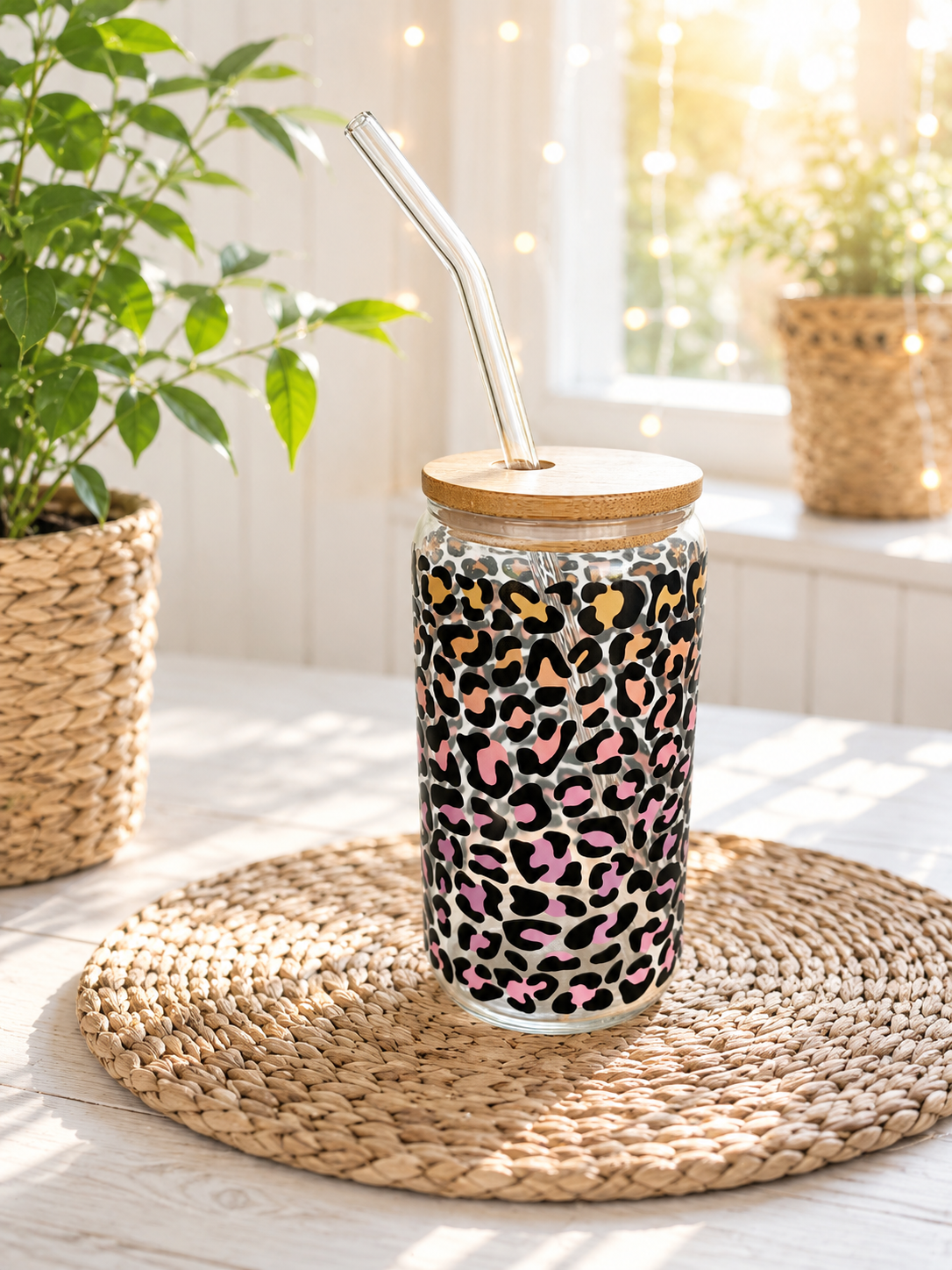 Sommerglas mit Bambusdeckel & Glasstrohhalm – „Pink Leopard“