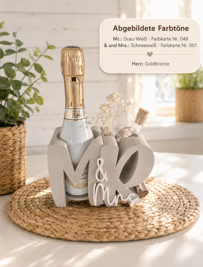 Mr & Mrs Flaschenhalter mit Farbtönen Grau-Weiß und Schneeweiß, Herz in Goldbronze