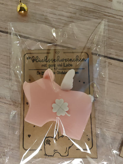 Glücksmagnet „Mathilde“ – Süßes Glücksschwein als Magnet | Glücksbringer Geschenk mit Brettchen oder Karte