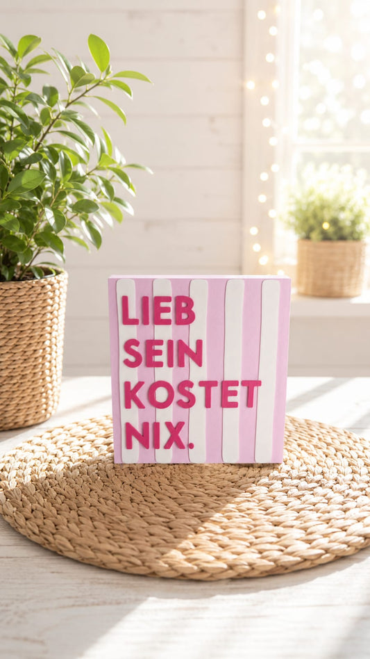Freche Streifen Deko-Aufsteller mit Spruch „Lieb sein kostet nichts“ von CozyLabs Design